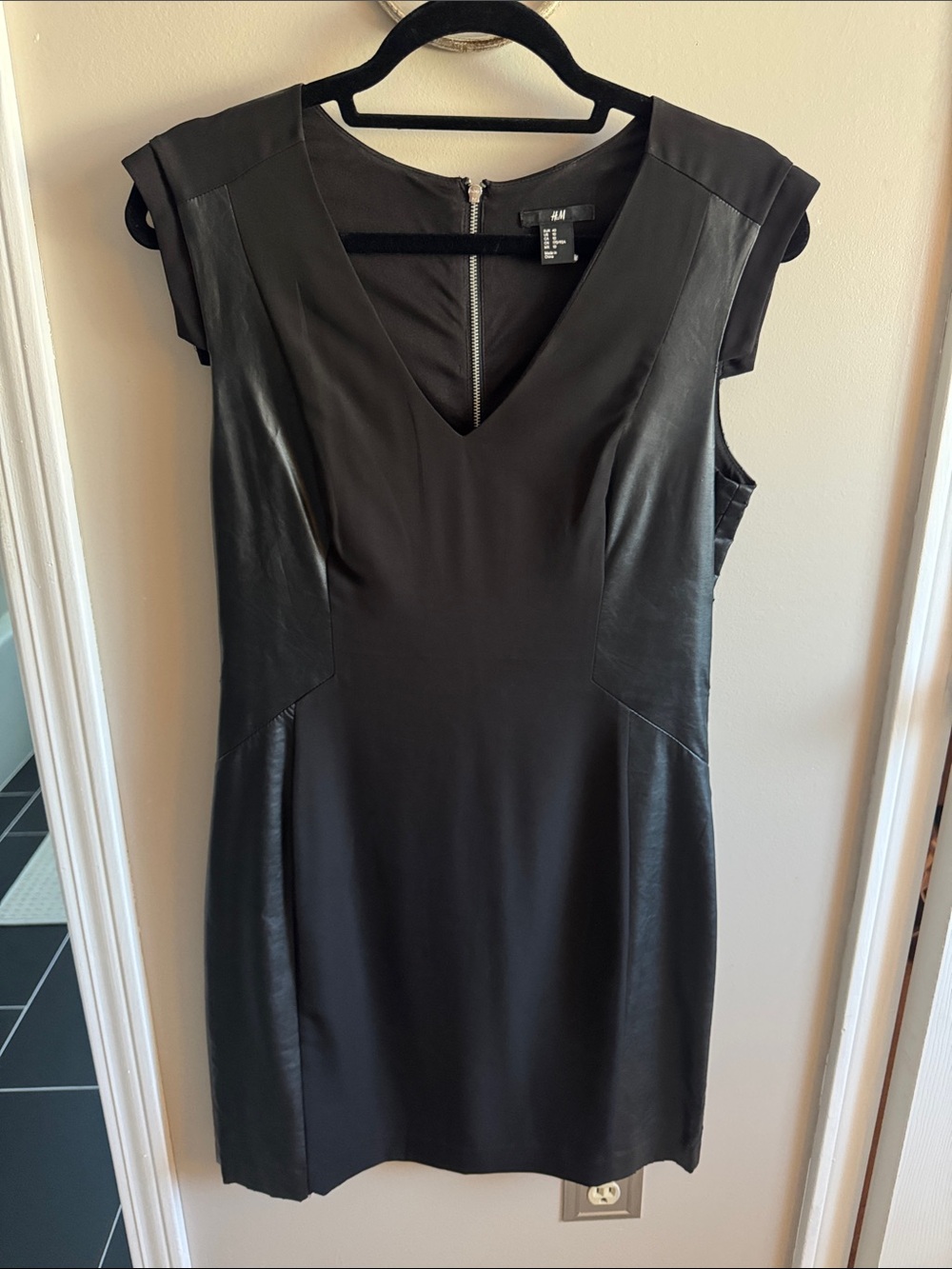 H&M Black V-Neck Faux-Leather Panel Sheath Dress